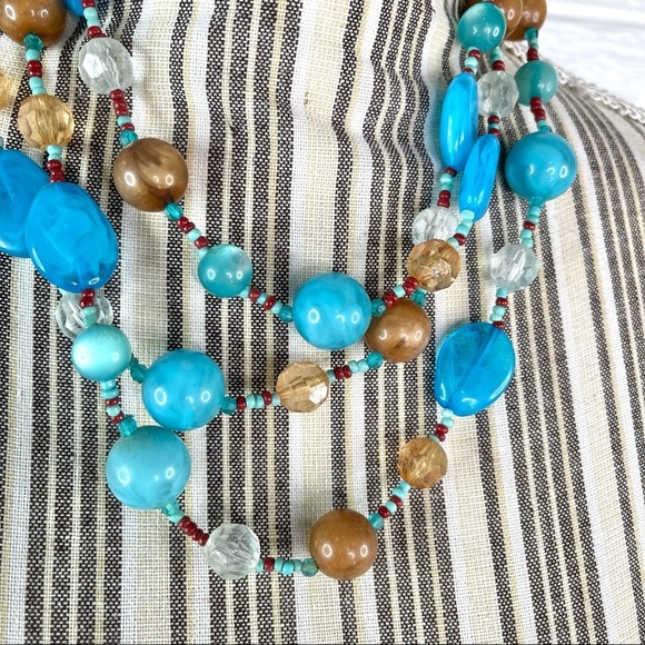Multicolored Beaded Multi-Chain Statement Necklace Turquoise Blue Brown Red - Picture 3 of 4